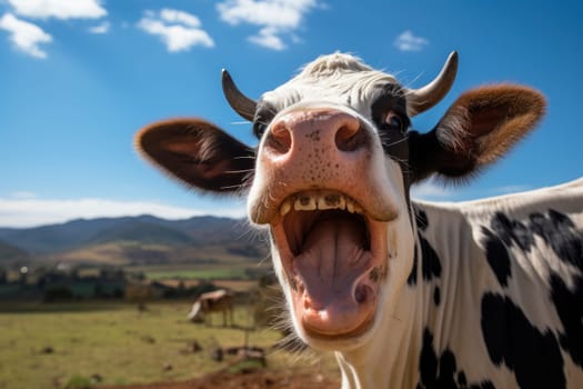 Funny portrait of a mooing cow, surprise animal emotions. AI generated