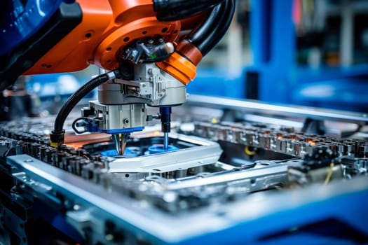 Advanced High Precision Robot Arm inside Electronics Factory. Electronic Devices Production Industry. AI generated
