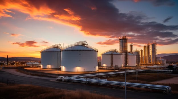 Large storage tanks used for storing chemical petroleum petrochemical refinery product at oil terminal. Business commercial trade fuel and energy transport.AI generated