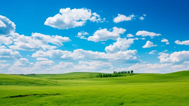 Landscape of green grassland with idyllic blue sky background. Green summer field landscape. AI generated