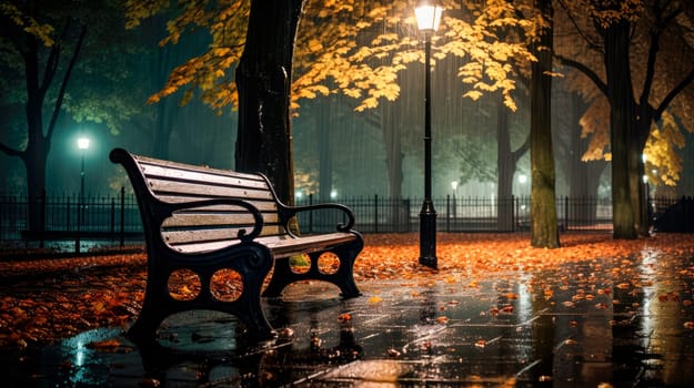 A Night in the Autumn Park. Late Autumn Night in the Rainy Park. Wood Bench and Park Alley. AI generated