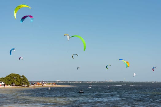 Kite surfers in the bay of Saint Petersburg, Florida, USA