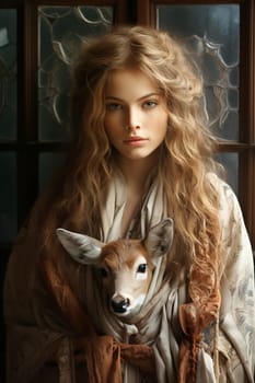 Young woman with a baby deer in her arms in front of a window, covering the reindeer fawn with clothes, winter season
