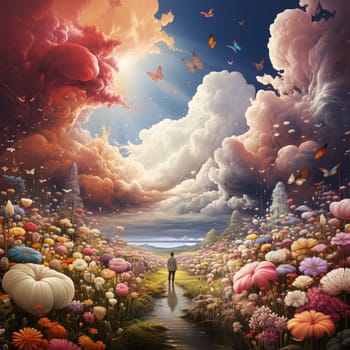 Human walking on a path through clouds and pastel colored flowers, self care and hope concept, positive thinking, creative mind, dreamlike landscape