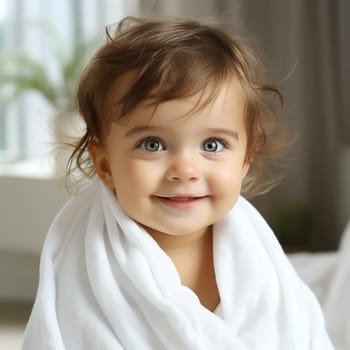 Baby covered with a towel after bath, portrait of a cute toddler, pure and innocent, parenting, care for a child
