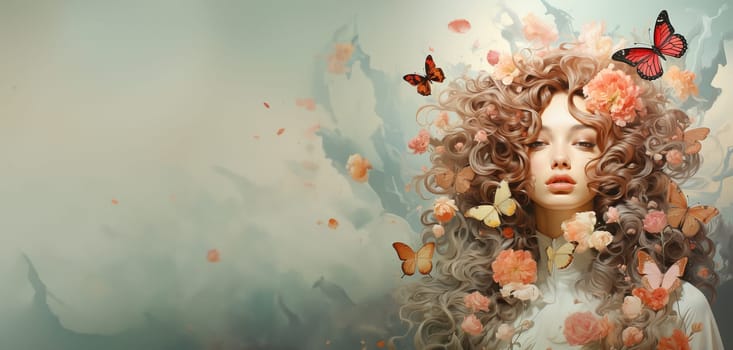 Human brain with flowers and butterflies, self esteem and mental health concept, positive thinking, woman with creative mind