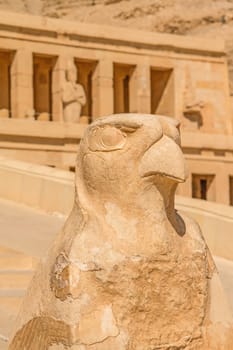 Horus Statue in front of Famous  Mortuary Temple of Hatshepsut  In Thebes Egypt  Vertically.