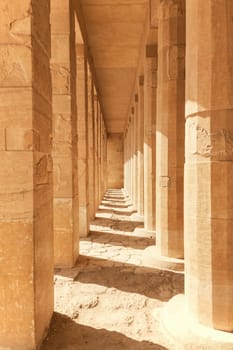Row of ancient columns. Mortuary Temple of Hatshepsut Vertically.