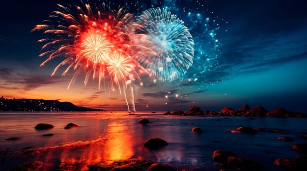 Firework at the beach. Fantastic festive new years colorful fireworks in celebration night.