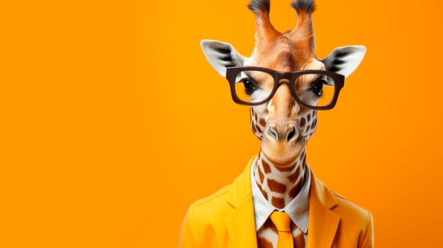 Trendy giraffe with a jacket and glasses on a yellow color background, copy space. AI generated