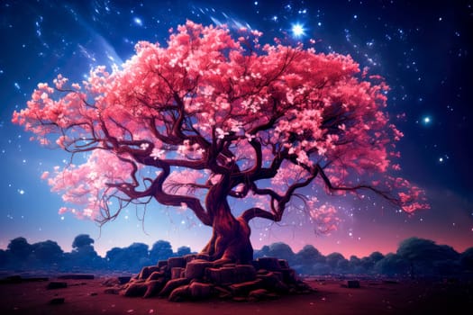 A beautiful cherry tree, with delicate branches and flowers in full bloom, stands out in a night landscape illuminated by the soft light of the moon and stars. Sakura blossoms at night. AI generated