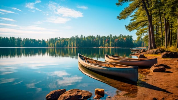 Canoes parked on a lake with spectacular forest landscape. AI generated