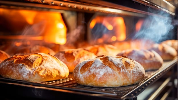 Hot bread in oven. Fresh buns from the oven. Conveyor with bread. Baking bread. Workshop for production of bread. AI generated