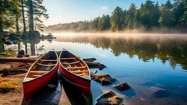A pair of  canoes parked on a lake with spectacular landscape. AI generated
