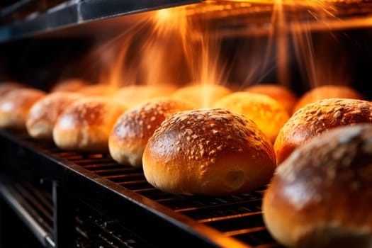 Hot bread in oven. Fresh buns from the oven. Conveyor with bread. Baking bread. Workshop for production of bread. AI generated
