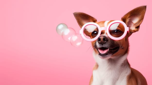 Cute dog on a pink background among soap bubbles. AI generated