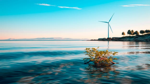 Offshore wind turbine, wind mill turbine at sea  providing green energy industry. AI generated