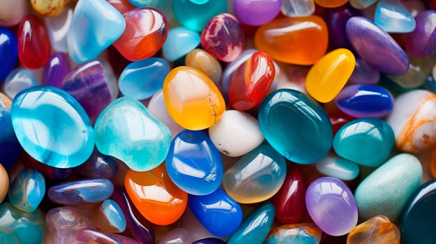 Multicolored background from mineral stones.Many beautiful colorful crystal stones.Abstract texture of colorful polished opal crystal stones, mineral gemstone background.AI generated