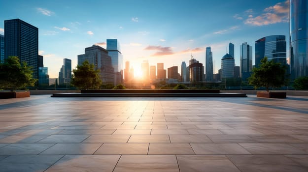 Empty city square floor with a skyline scenery. Panoramic skyline and buildings with empty concrete square floor. Sunset scene. AI generated