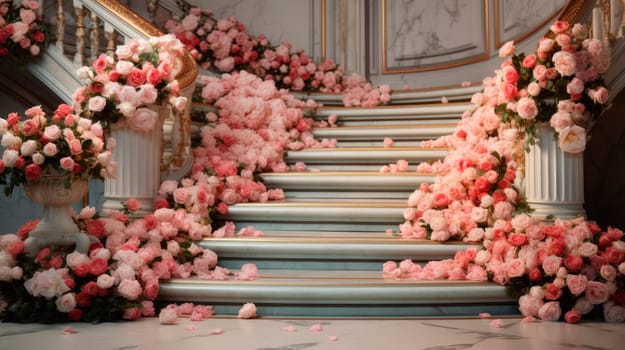 Beautiful porcelain steps leading into an elegant staircase, delicate rose flowers. Stairs adorned with roses. AI generated