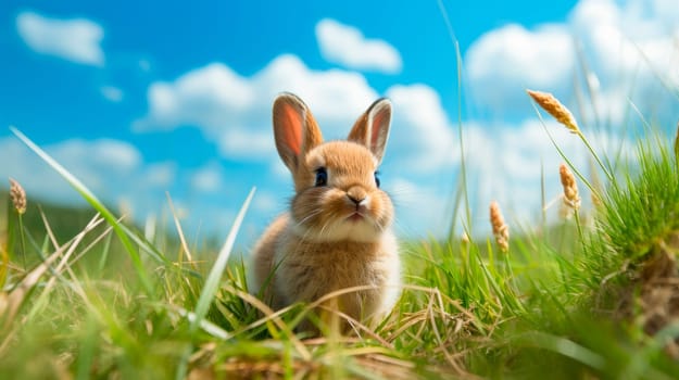 Cute fluffy rabbit on green grass in a spring field.AI generated