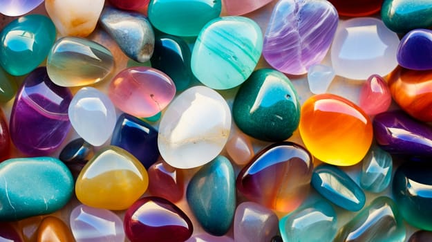 Multicolored background from mineral stones.Many beautiful colorful crystal stones.Abstract texture of colorful polished opal crystal stones, mineral gemstone background.AI generated