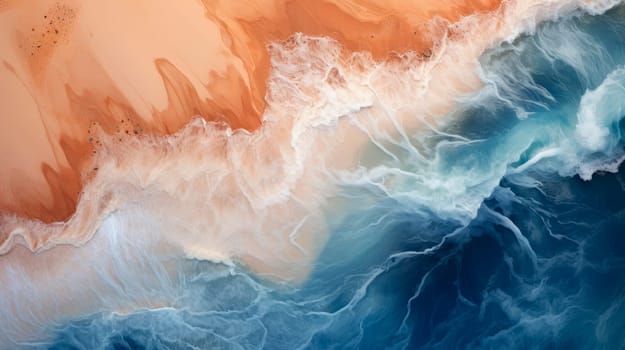 Top-down aerial view of a clean sandy beach on the shores of a beautiful blue sea. Peaceful bright beach, seaside. AI generated