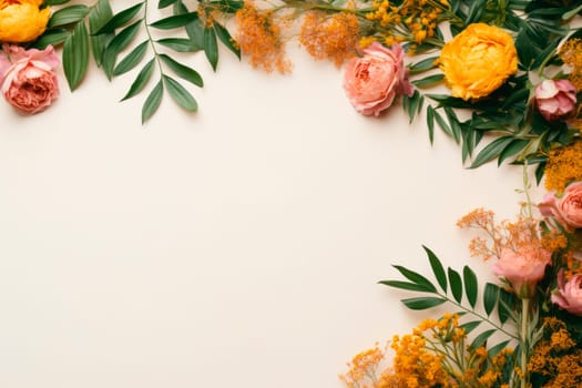 Flowers composition, frame, pattern, bouquet for greeting card. Copy space.AI generated