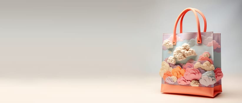 Pink shopping bag covered with flowers, marketing and advertising a special offer, positive emotion and attitude, purchase gift with joy