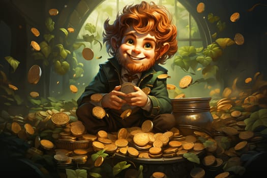 Leprechaun with pot of gold , St. Patrick´s day, green shamrock leaves, irish holiday, mythology of Ireland