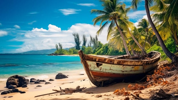 Abandoned boat on shore of island with a palm trees.Wrecked boat on a beach. AI generated