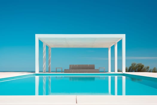 Front view of an outdoor swimming pool with a white pergola. An open-air swimming pool with a clear water. AI generated