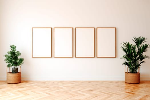 Four blank picture frames on a wall with parquet floor.Copy space. AI generated