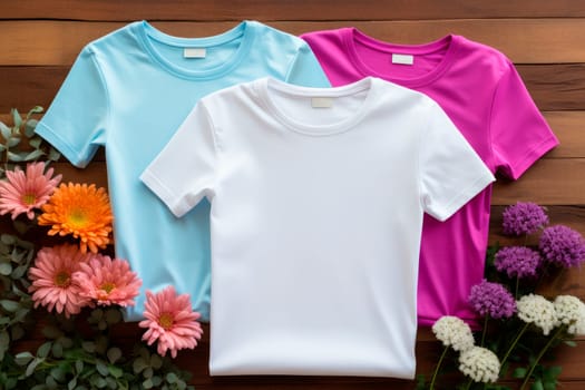 T-shirt mockup. Template blank t-shirt top view. Three t-shirts with wild flowers. Summer look. AI generated