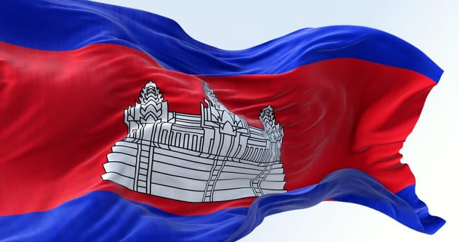 Close-up of Cambodia national flag waving. Three bands, blue, double red, blue, with Angkor Wat in white centered on the red. 3d illustration render. Fluttering fabric. Selective focus