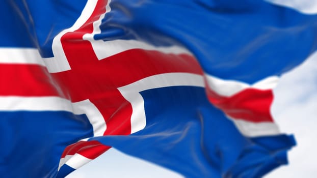 Close-up of Iceland national flag waving. Blue with a white cross and a red cross inside the white cross. 3d illustration render. Fluttering fabric background.