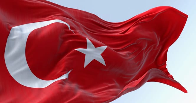 Close-up of Turkey national flag waving in the wind on a clear day. Red flag with white crescent and a star. 3D illustration render. Fluttering fabric