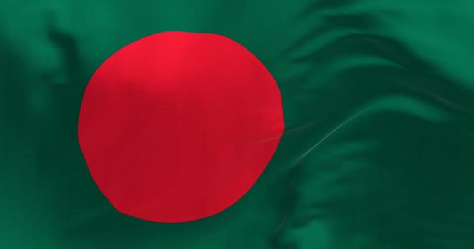 Close-up of Bangladesh national flag waving. Dark green banner with a red disc or sun on top. 3d illustration render. Fluttering fabric. Textured background
