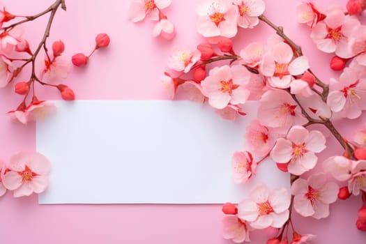 A blank card with a pink sakura flowers,copy space, flat lay.Creative layout with cherry flowers and copy space card note. AI generated