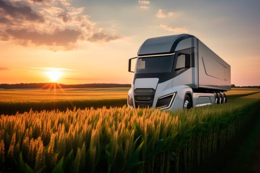 Modern futuristic electric truck on a wheat field. Truck in a field during wheat harvest. Modern technologies in agriculture.AI generated