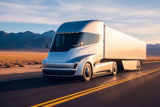 White futuristic electric semi-truck driving on an open highway with beautiful mountains background.Future logistic technology concept. Electric automobile. AI generated