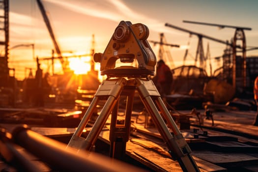 Geodetic level on the background of a costruction site on the sunset. AI generated