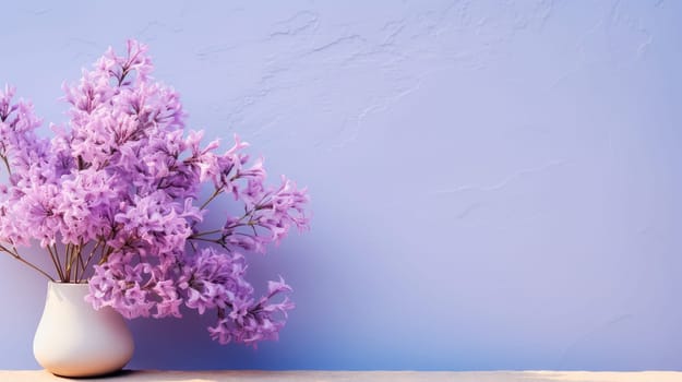 Stylish lilac flowers in a white pot on painted wall background. Copy space. AI generated