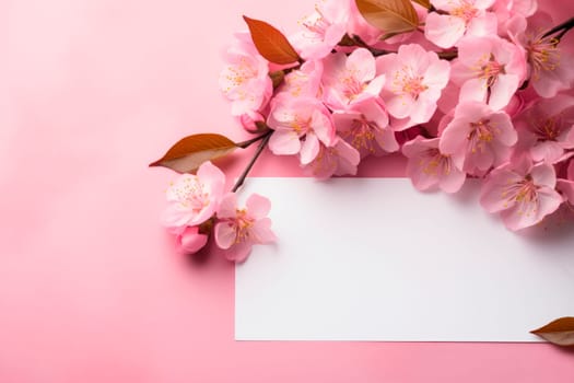 A blank card with a pink sakura flowers,copy space, flat lay.Creative layout with cherry flowers and copy space card note. AI generated