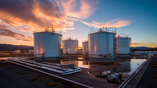 Large storage tanks used for storing chemical petroleum petrochemical refinery product at oil terminal. Business commercial trade fuel and energy transport.AI generated