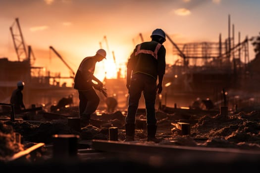 Construction workers on construction site in the morning against sunrise. Silhouettes of construction workers on construction site. AI generated
