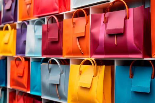 Bag store with leather bags in different colors on the shelves. AI generated