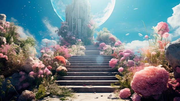 Concrete stairs with a flower bed, reaching out to sky. Surreal world.AI generated