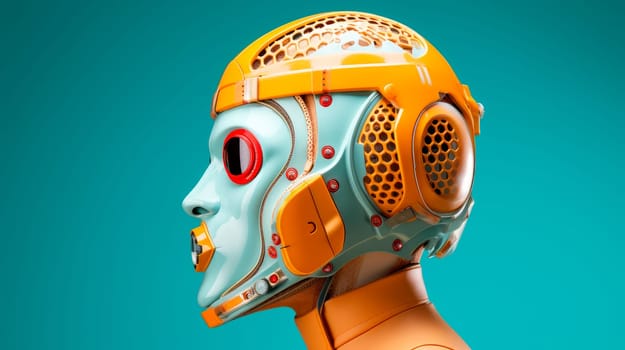 Colorful cyborg or robot isolated on blue background, copy space for text. AI generated