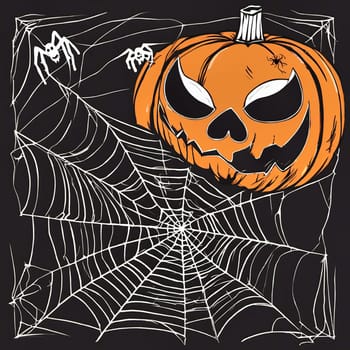 Halloween, spider web with spins and pumpkin with carved scary face. AI generated image